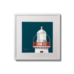 Illustration of Valentia Island lighthouse on a midnight blue background,  in a white square frame measuring 20x20cm.