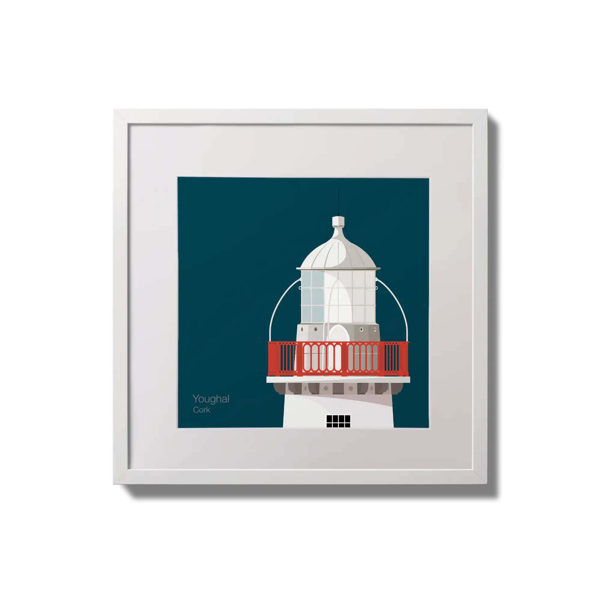 Illustration of Valentia Island lighthouse on a midnight blue background,  in a white square frame measuring 20x20cm.