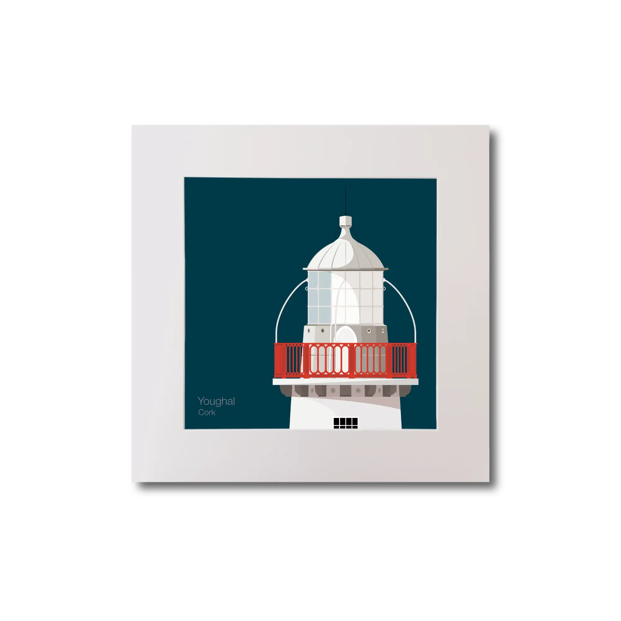 Illustration of Valentia Island lighthouse on a midnight blue background, mounted and measuring 20x20cm.