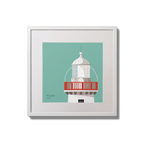 Illustration of Valentia Island lighthouse on an ocean green background,  in a white square frame measuring 20x20cm.