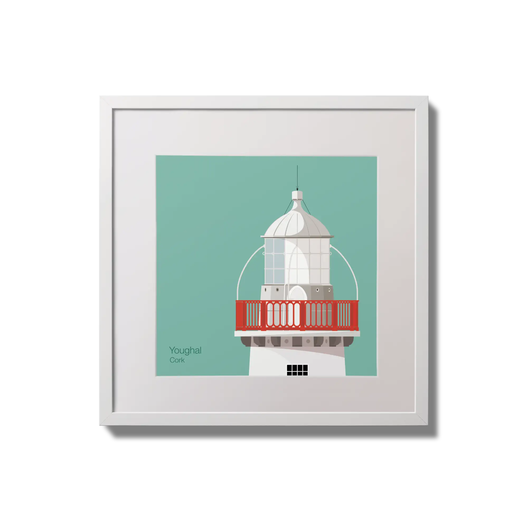 Illustration of Valentia Island lighthouse on an ocean green background,  in a white square frame measuring 20x20cm.