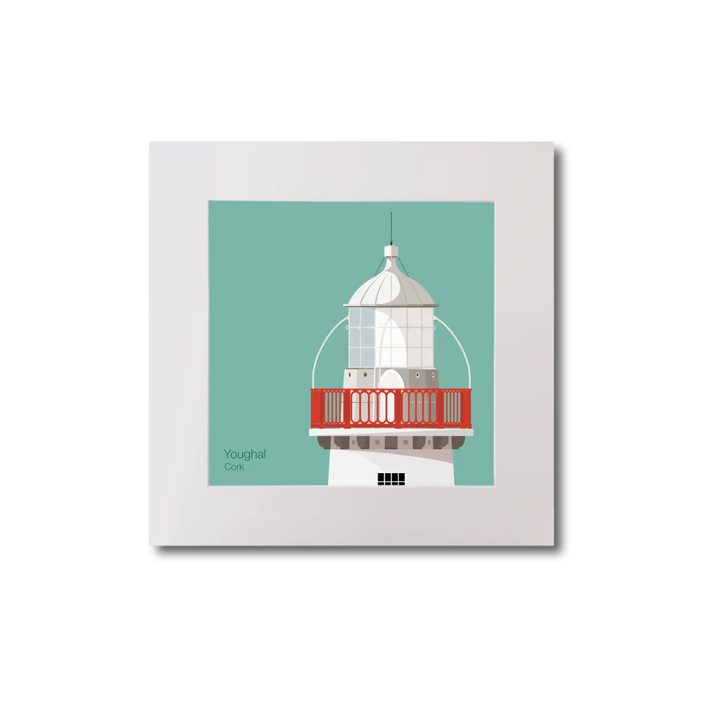 Illustration of Valentia Island lighthouse on an ocean green background, mounted and measuring 20x20cm.