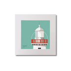 Illustration of Valentia Island lighthouse on an ocean green background, mounted and measuring 20x20cm.
