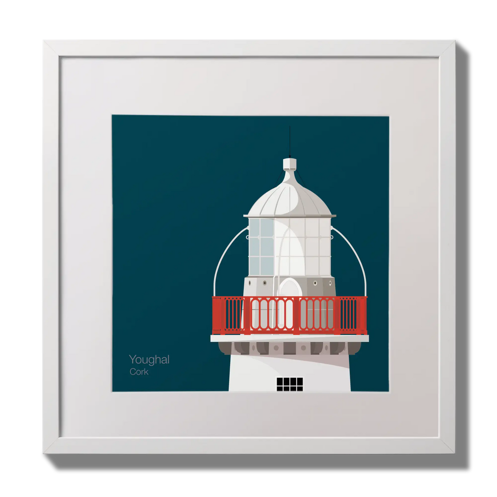 Illustration of Valentia Island lighthouse on a midnight blue background,  in a white square frame measuring 30x30cm.