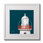 Illustration of Valentia Island lighthouse on a midnight blue background,  in a white square frame measuring 30x30cm.