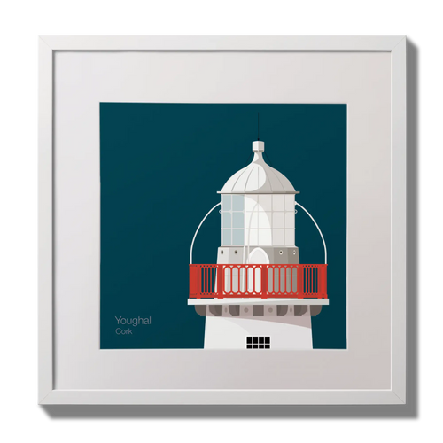 Illustration of Valentia Island lighthouse on a midnight blue background,  in a white square frame measuring 30x30cm.