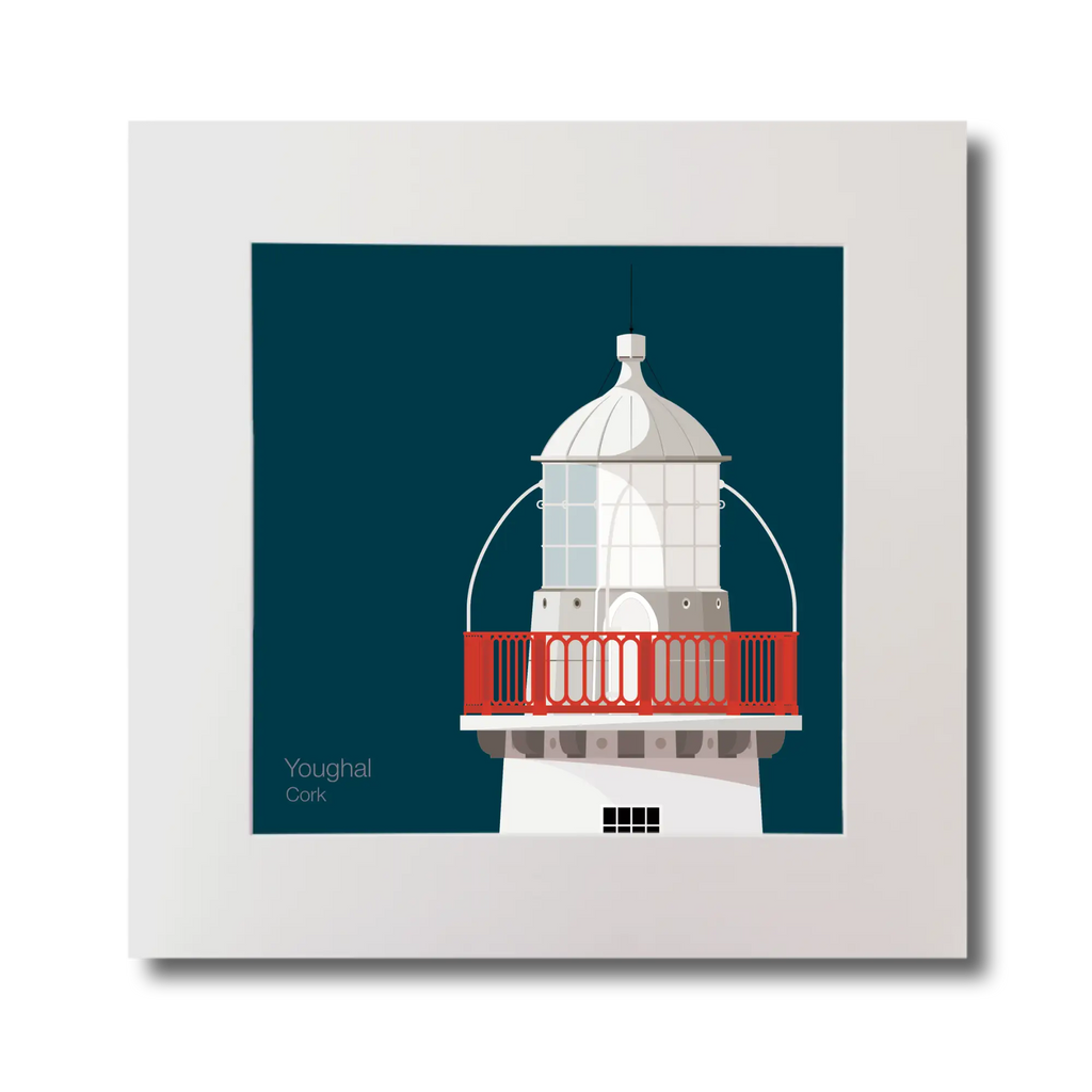 Illustration of Valentia Island lighthouse on a midnight blue background, mounted and measuring 30x30cm.