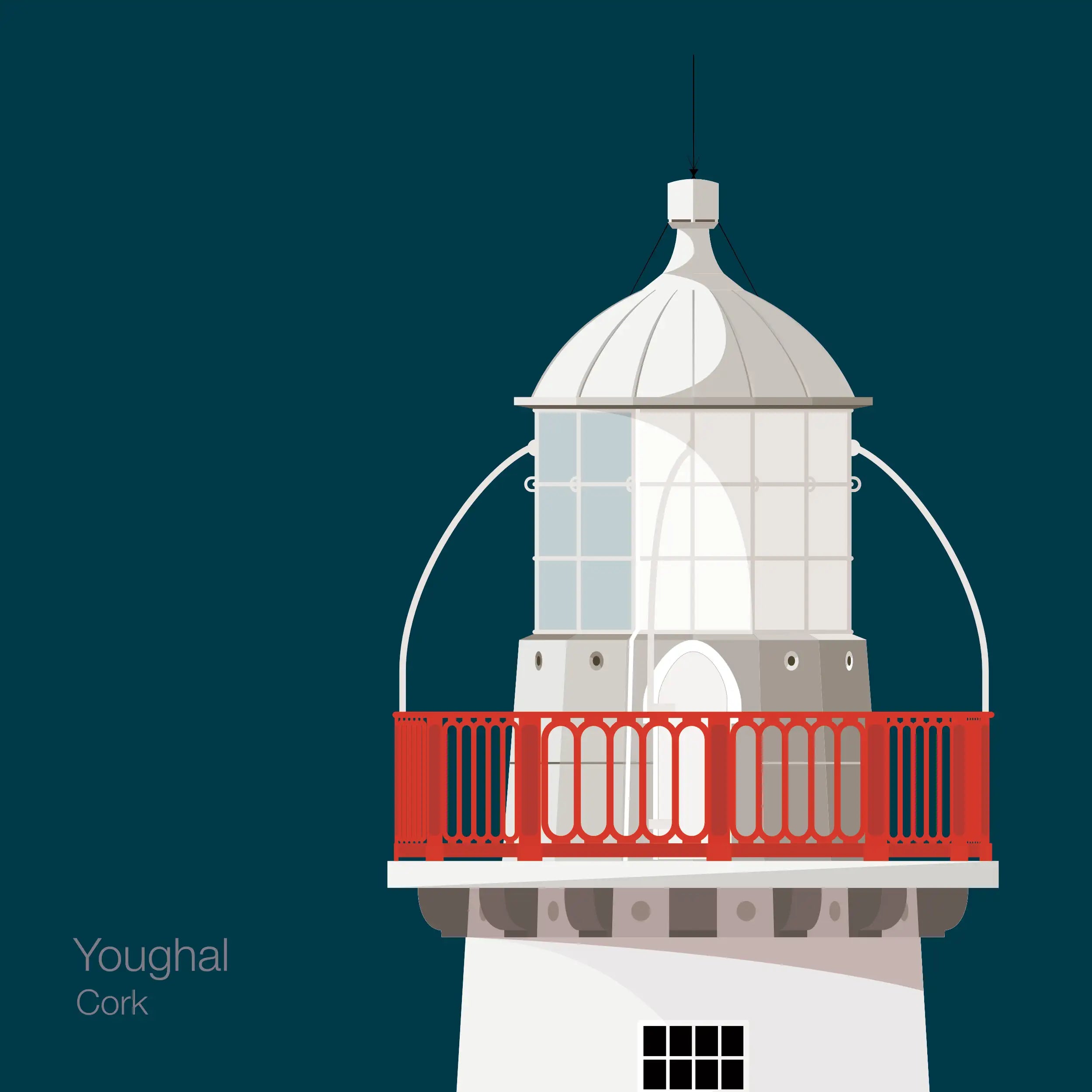 Illustration of Valentia Island lighthouse on a midnight blue background