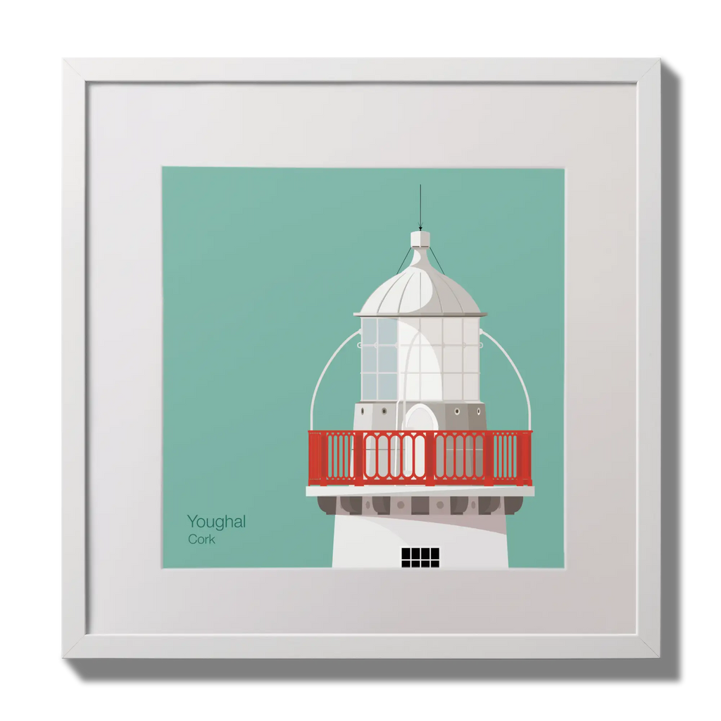 Illustration of Valentia Island lighthouse on an ocean green background,  in a white square frame measuring 30x30cm.