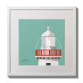 Illustration of Valentia Island lighthouse on an ocean green background,  in a white square frame measuring 30x30cm.