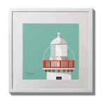 Illustration of Valentia Island lighthouse on an ocean green background,  in a white square frame measuring 30x30cm.