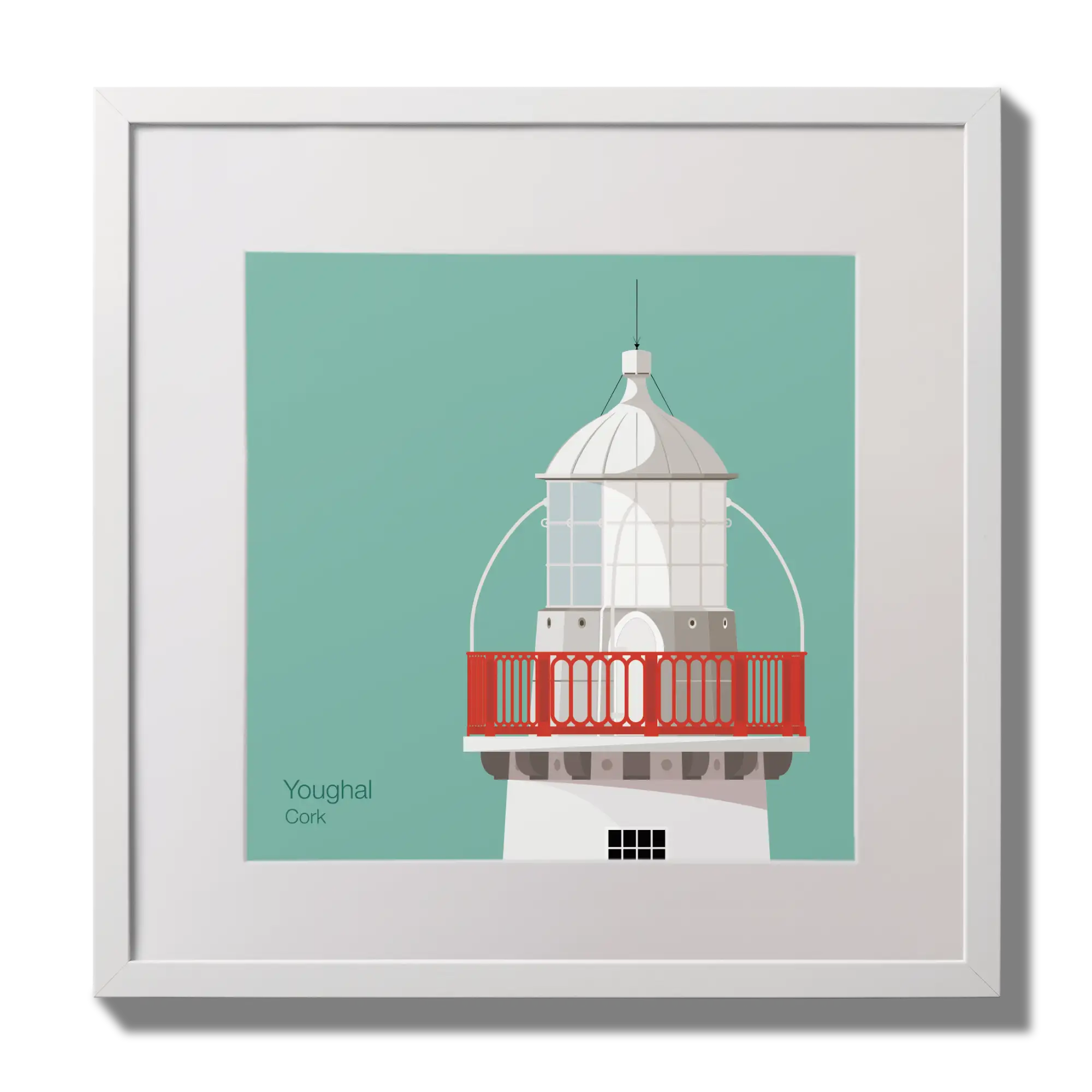 Illustration of Valentia Island lighthouse on an ocean green background,  in a white square frame measuring 30x30cm.