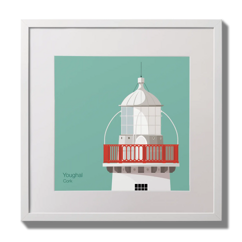 Illustration of Valentia Island lighthouse on an ocean green background,  in a white square frame measuring 30x30cm.