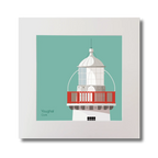 Illustration of Valentia Island lighthouse on an ocean green background, mounted and measuring 30x30cm.