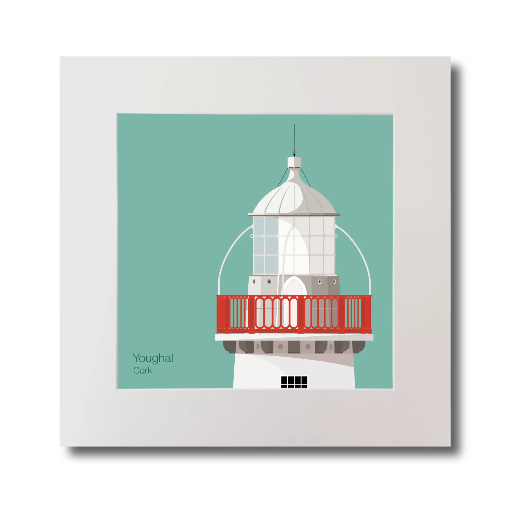 Illustration of Valentia Island lighthouse on an ocean green background, mounted and measuring 30x30cm.