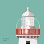 Illustration of Valentia Island lighthouse on an ocean green background