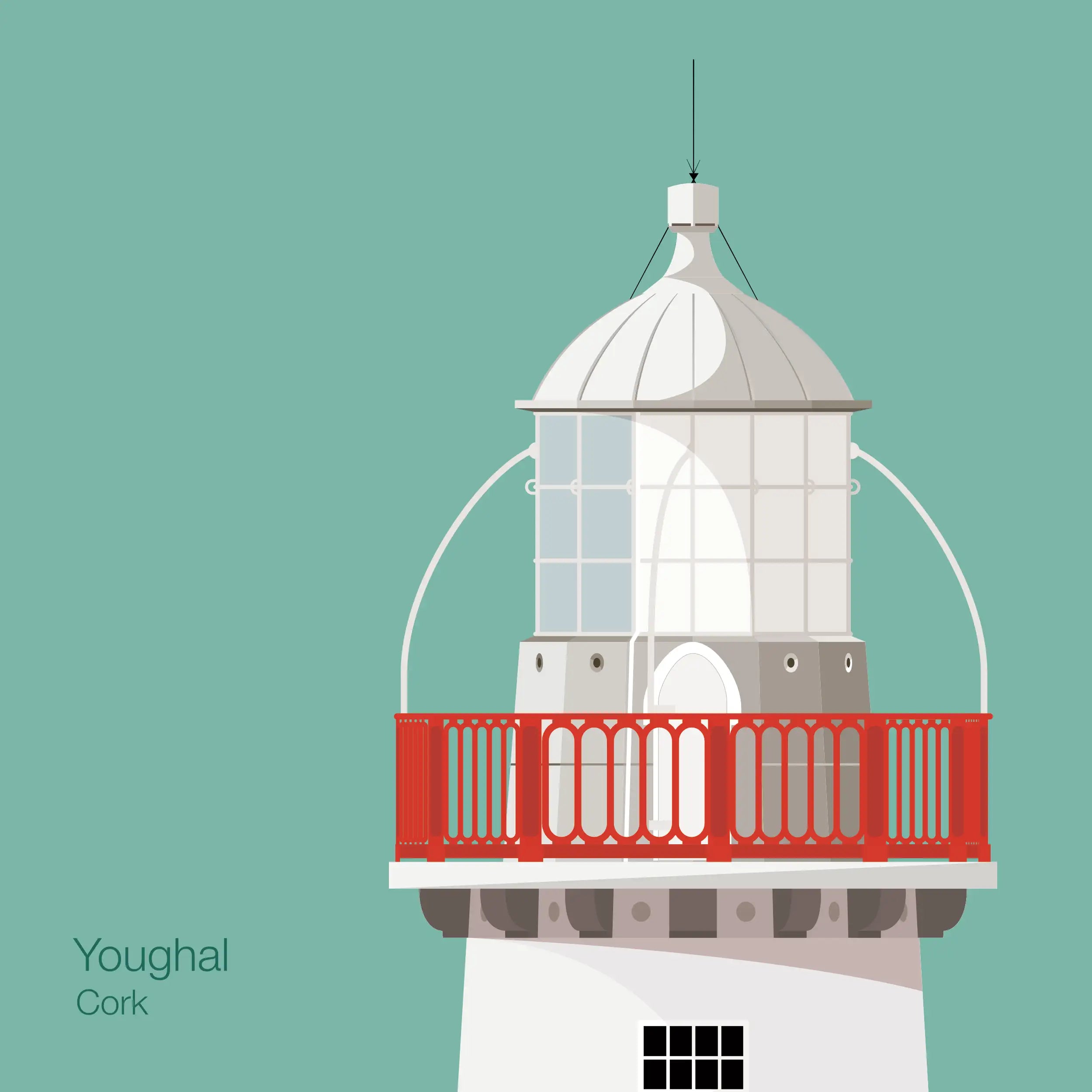 Illustration of Valentia Island lighthouse on an ocean green background