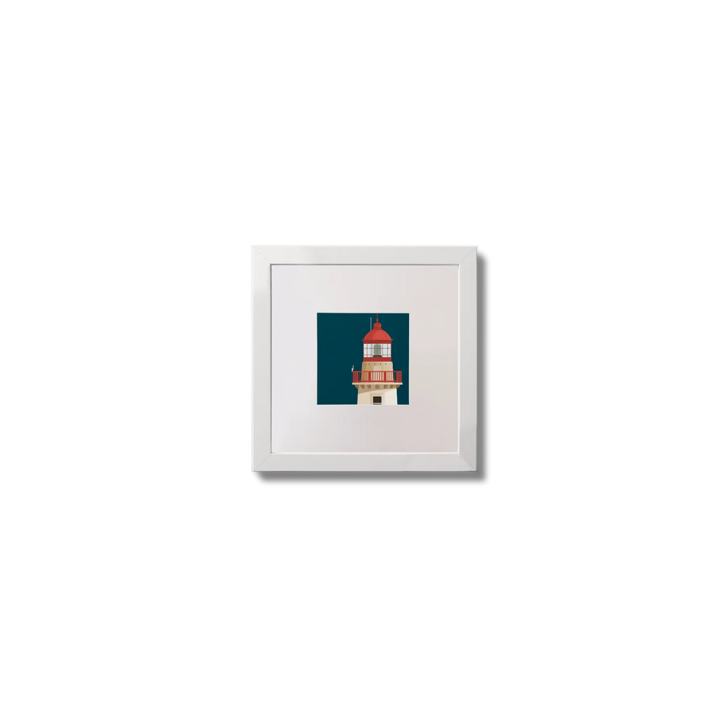 Illustration of Dún Laoghaire East lighthouse on a midnight blue background,  in a white square frame measuring 10x10cm.