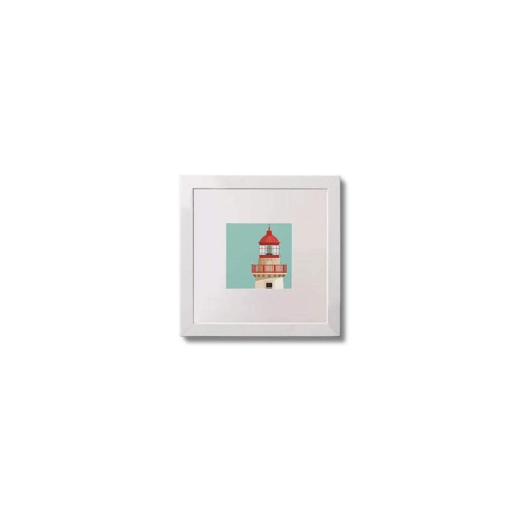 Illustration of Dún Laoghaire East lighthouse on an ocean green background,  in a white square frame measuring 10x10cm.