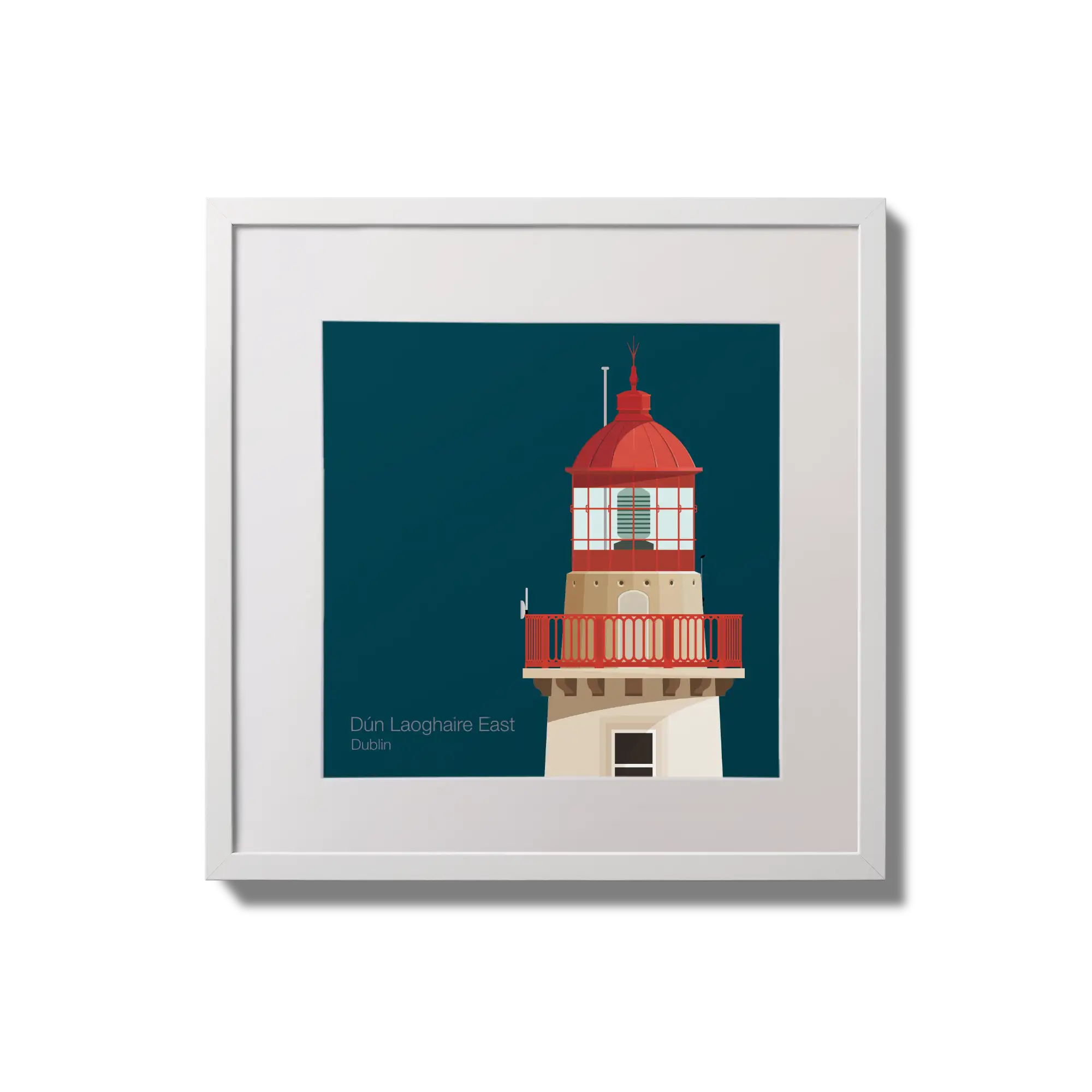 Illustration of Dún Laoghaire East lighthouse on a midnight blue background,  in a white square frame measuring 20x20cm.