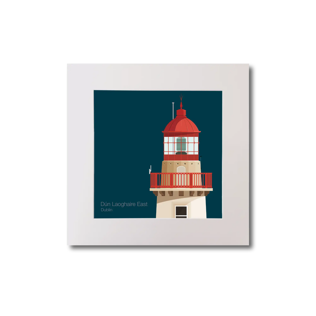 Illustration of Dún Laoghaire East lighthouse on a midnight blue background, mounted and measuring 20x20cm.