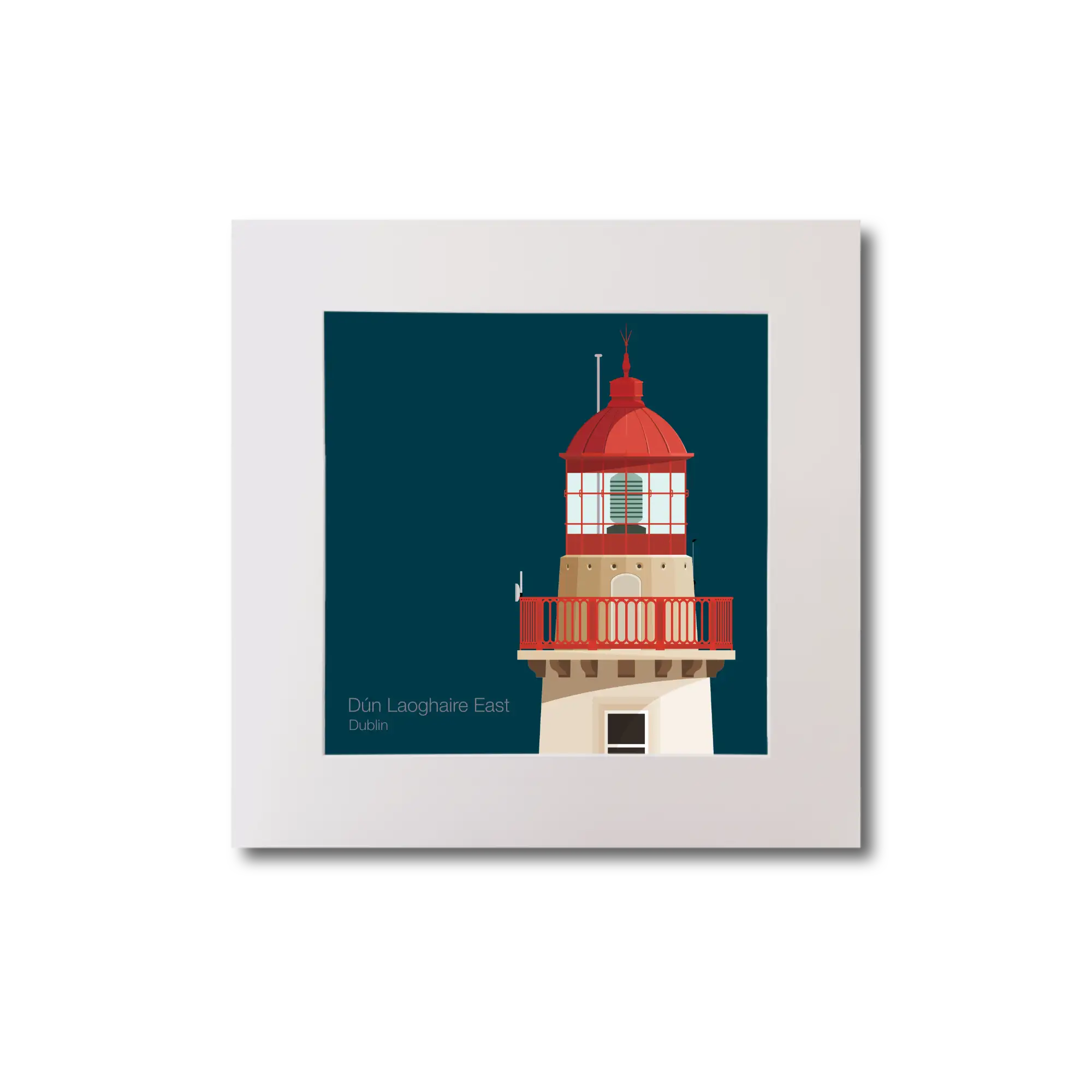 Illustration of Dún Laoghaire East lighthouse on a midnight blue background, mounted and measuring 20x20cm.