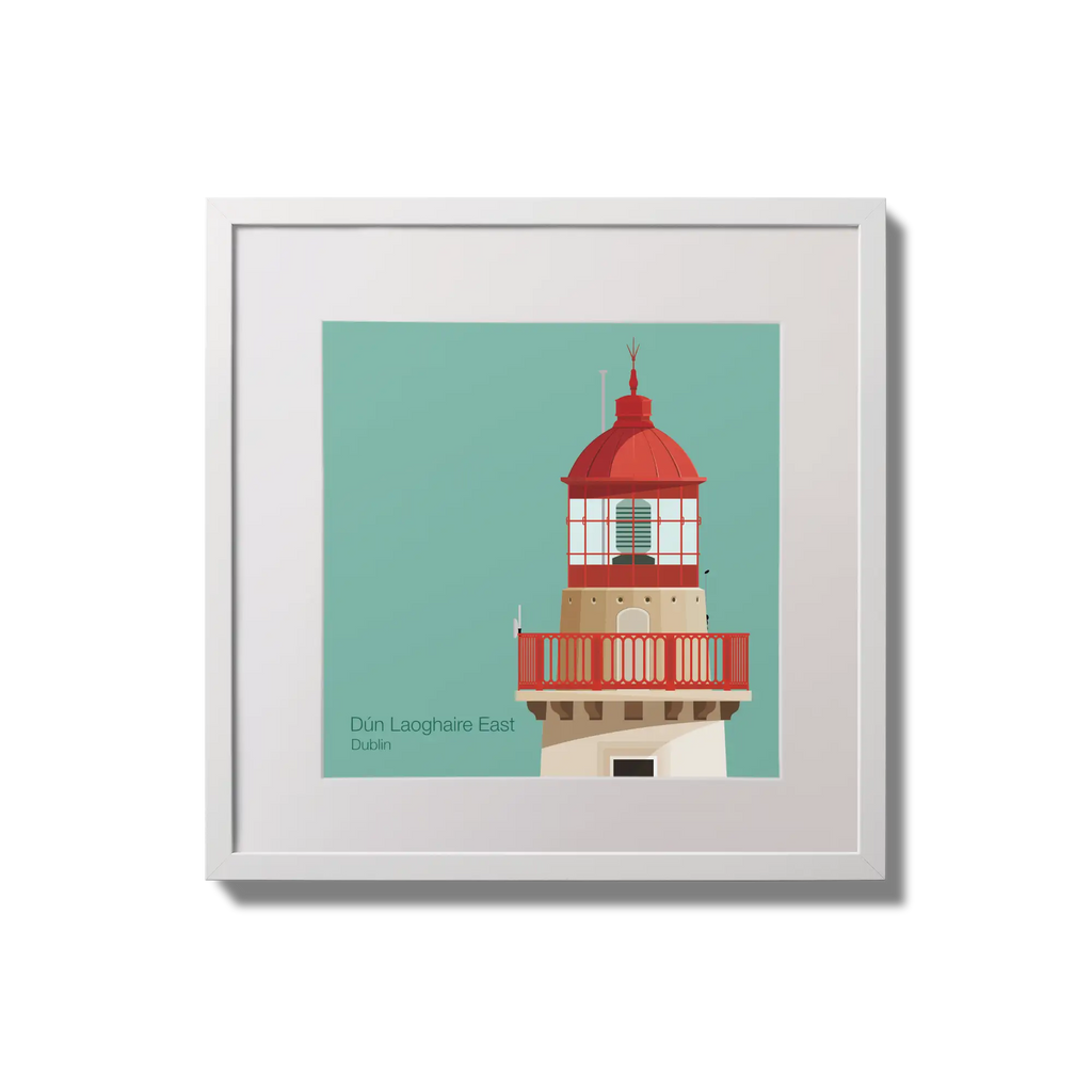 Illustration of Dún Laoghaire East lighthouse on an ocean green background,  in a white square frame measuring 20x20cm.