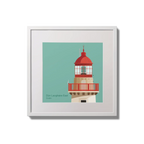 Illustration of Dún Laoghaire East lighthouse on an ocean green background,  in a white square frame measuring 20x20cm.