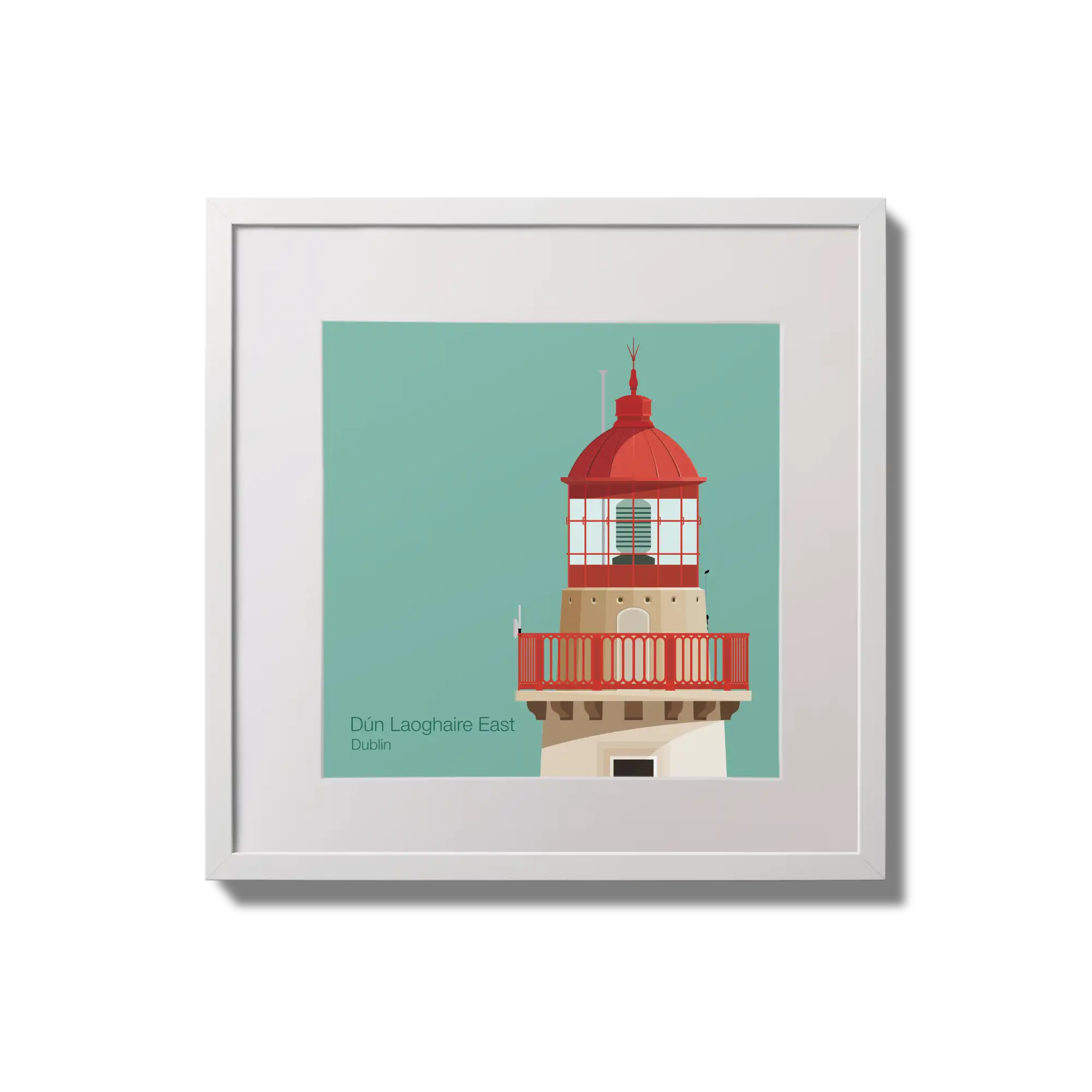 Illustration of Dún Laoghaire East lighthouse on an ocean green background,  in a white square frame measuring 20x20cm.