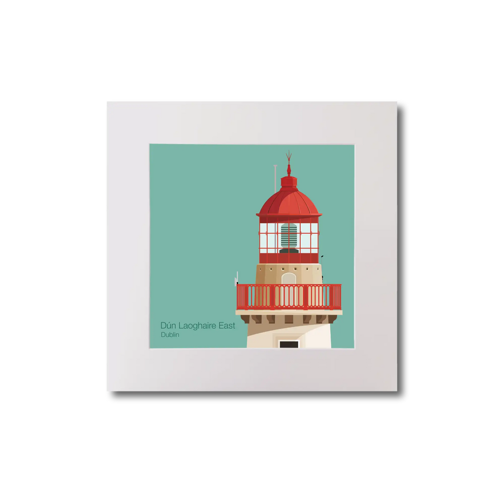 Illustration of Dún Laoghaire East lighthouse on an ocean green background, mounted and measuring 20x20cm.