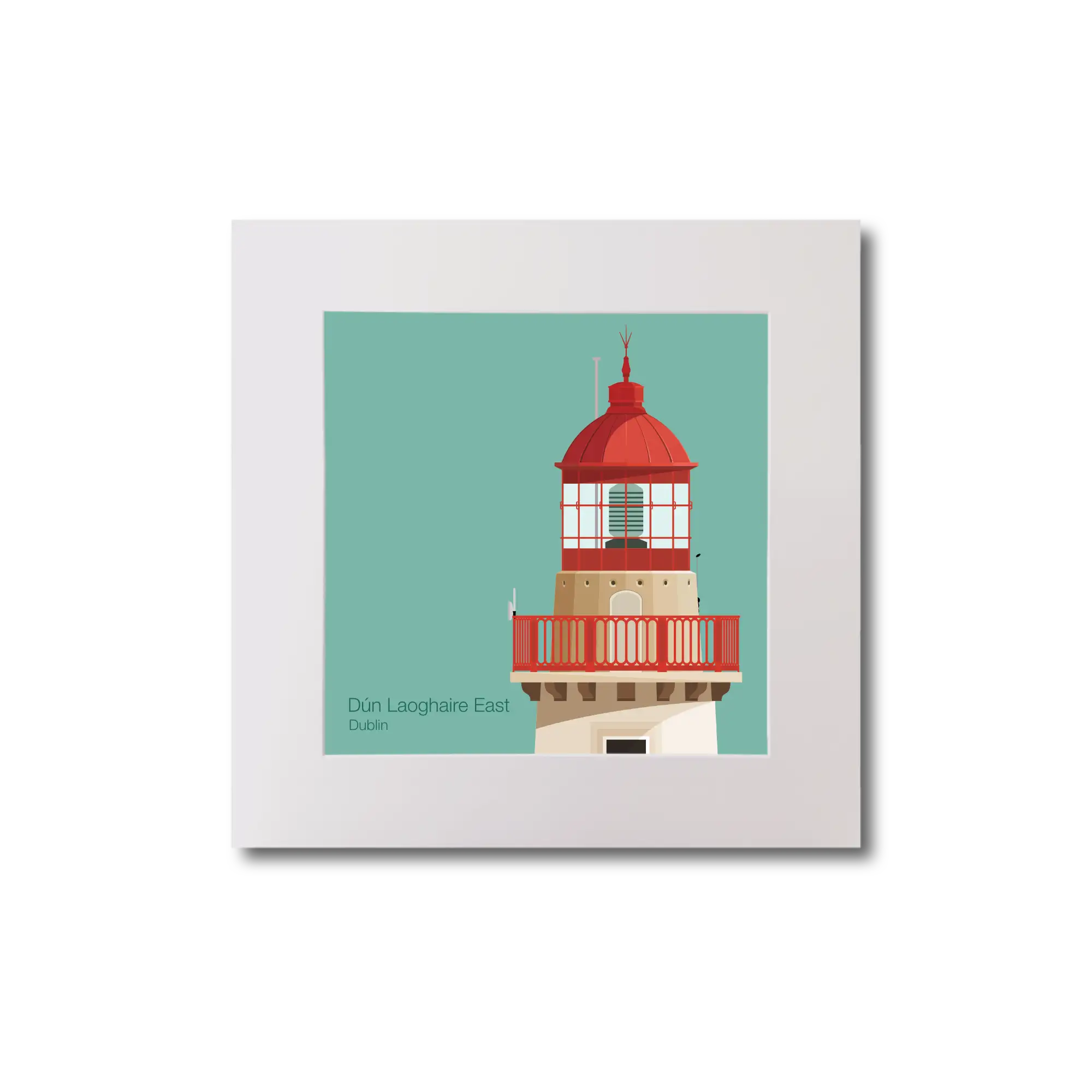 Illustration of Dún Laoghaire East lighthouse on an ocean green background, mounted and measuring 20x20cm.