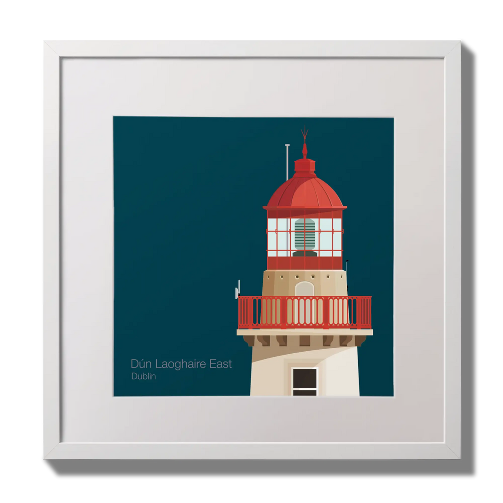 Illustration of Dún Laoghaire East lighthouse on a midnight blue background,  in a white square frame measuring 30x30cm.