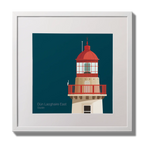 Illustration of Dún Laoghaire East lighthouse on a midnight blue background,  in a white square frame measuring 30x30cm.