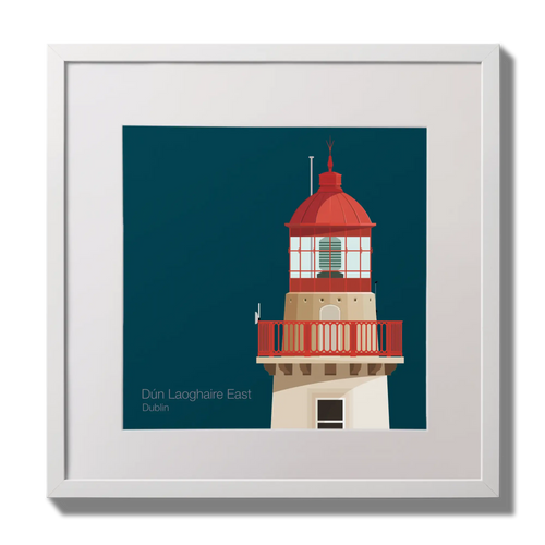 Illustration of Dún Laoghaire East lighthouse on a midnight blue background,  in a white square frame measuring 30x30cm.