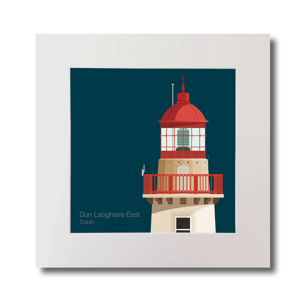 Illustration of Dún Laoghaire East lighthouse on a midnight blue background, mounted and measuring 30x30cm.