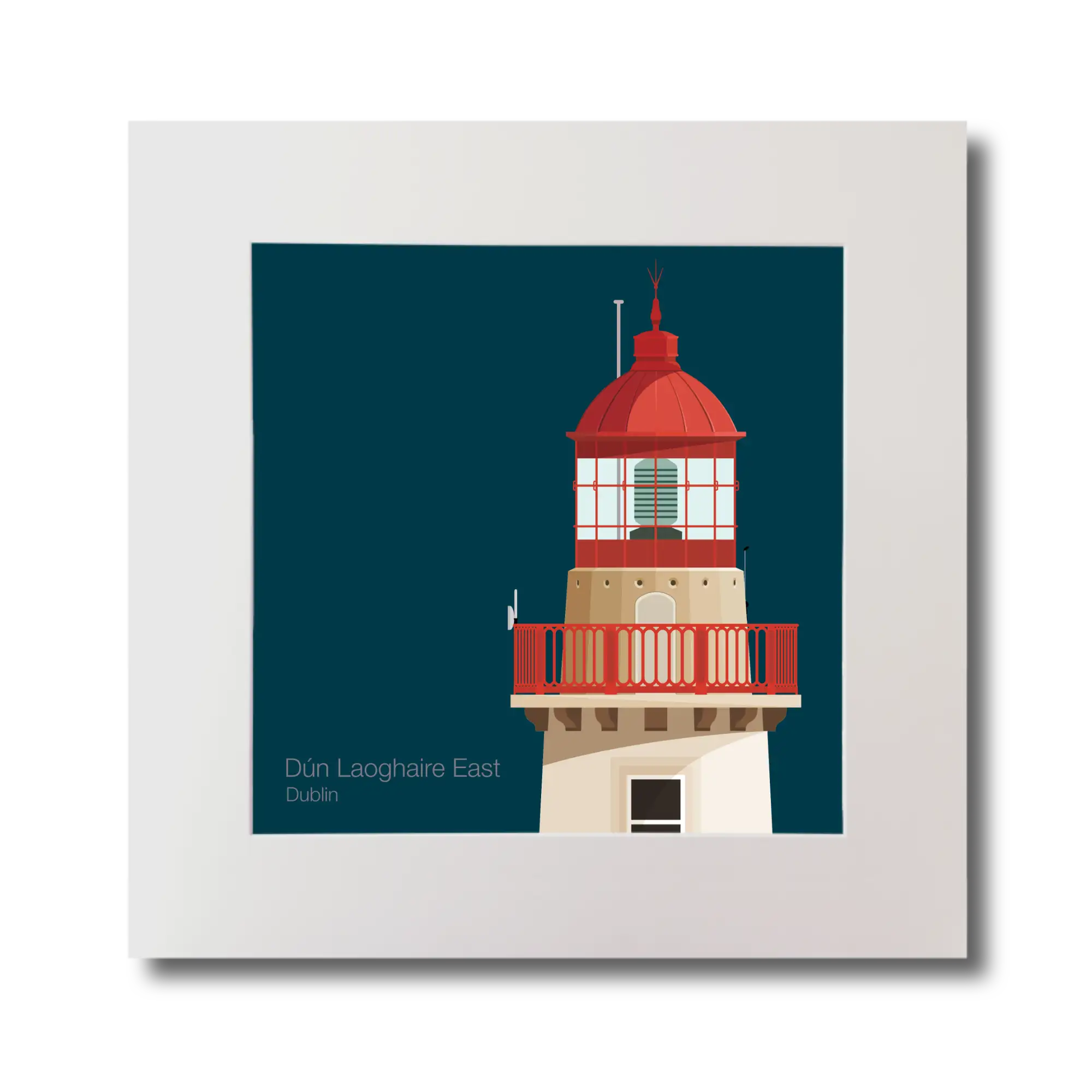 Illustration of Dún Laoghaire East lighthouse on a midnight blue background, mounted and measuring 30x30cm.