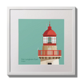 Illustration of Dún Laoghaire East lighthouse on an ocean green background,  in a white square frame measuring 30x30cm.