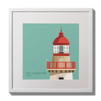 Illustration of Dún Laoghaire East lighthouse on an ocean green background,  in a white square frame measuring 30x30cm.