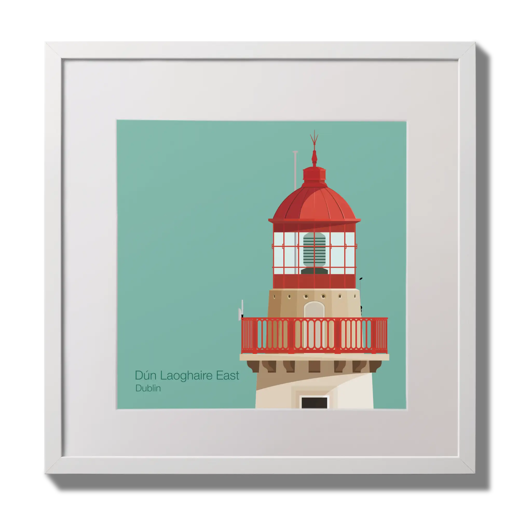 Illustration of Dún Laoghaire East lighthouse on an ocean green background,  in a white square frame measuring 30x30cm.