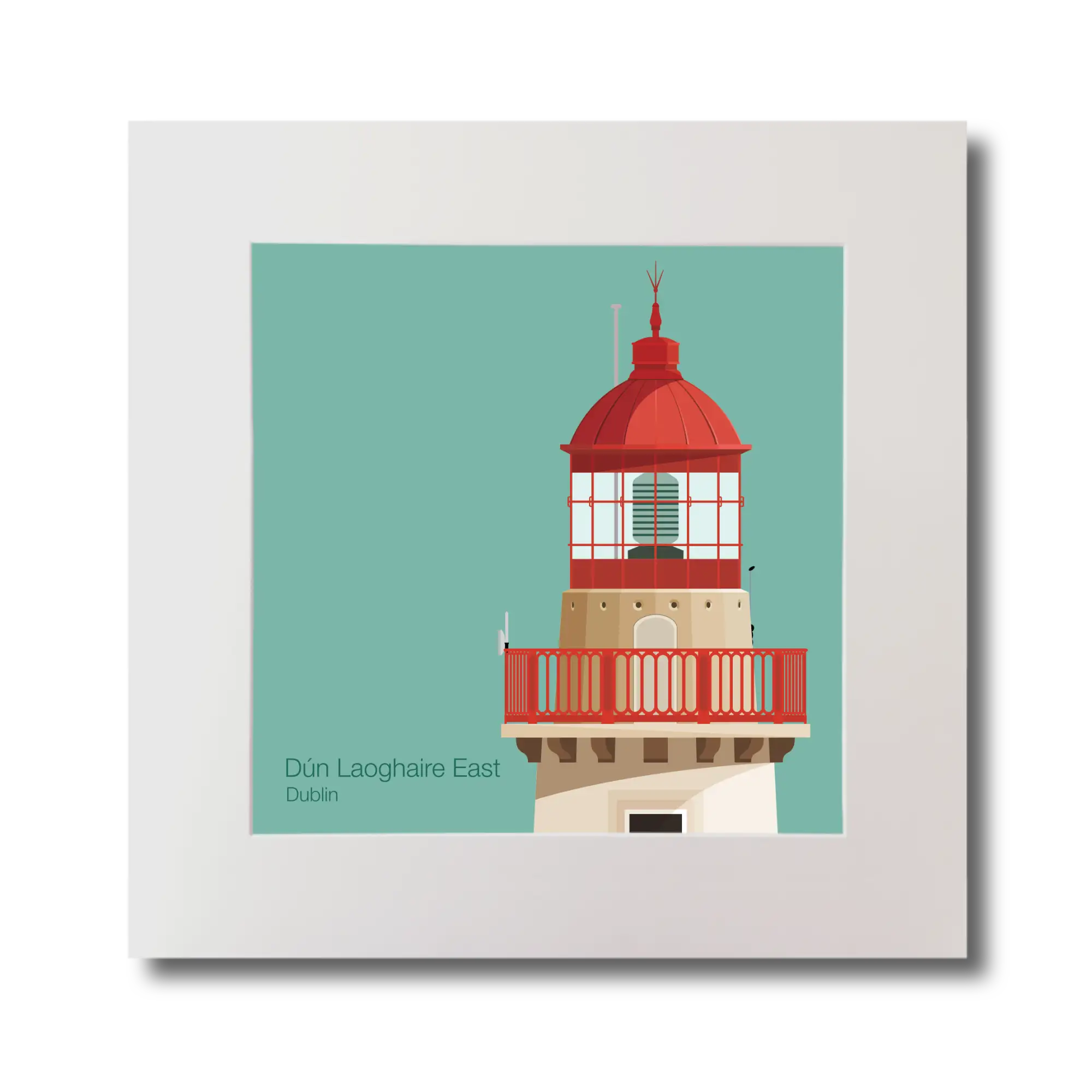 Illustration of Dún Laoghaire East lighthouse on an ocean green background, mounted and measuring 30x30cm.