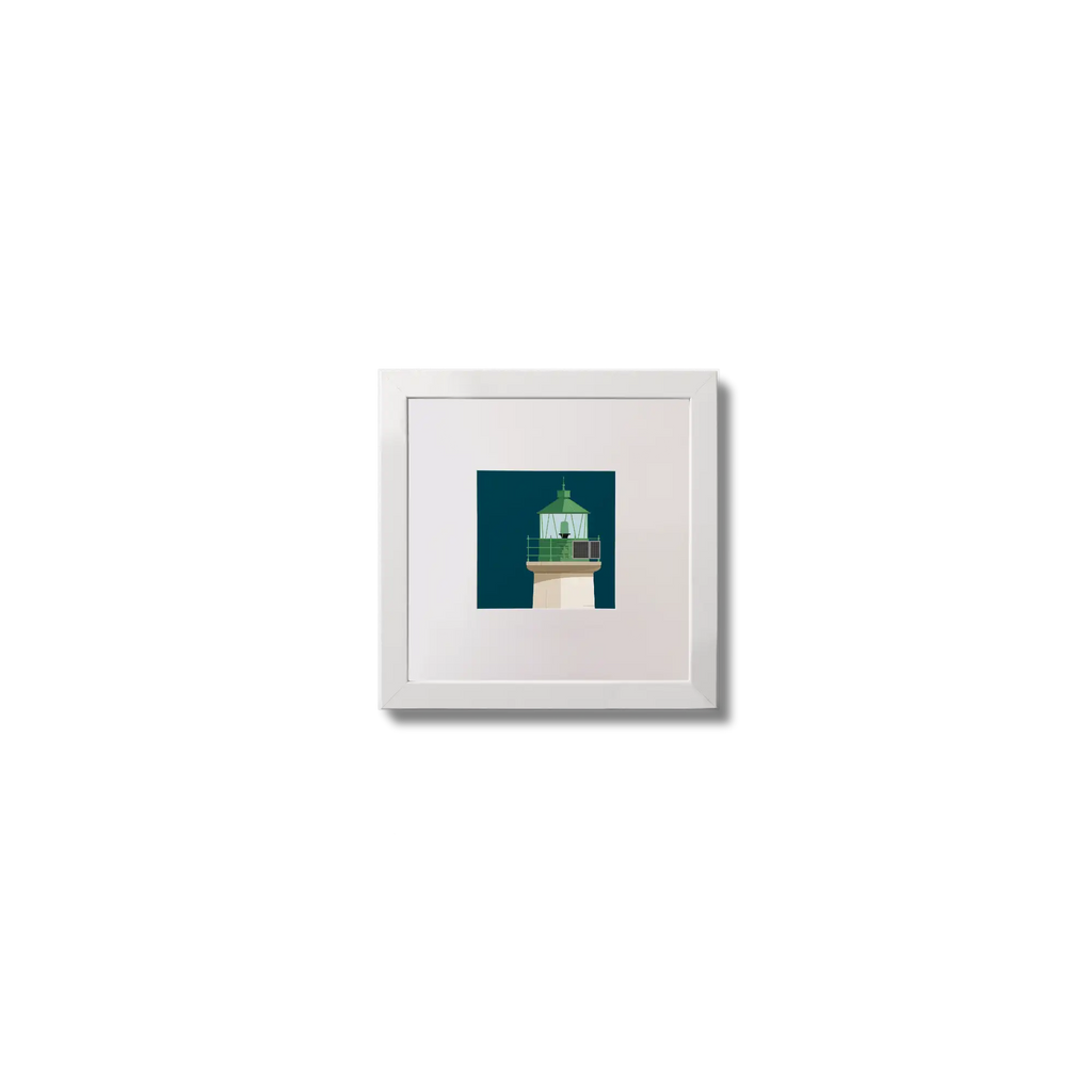 Illustration of Dún Laoghaire West lighthouse on a midnight blue background,  in a white square frame measuring 10x10cm.