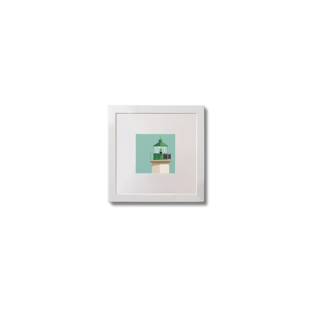 Illustration of Dún Laoghaire West lighthouse on an ocean green background,  in a white square frame measuring 10x10cm.