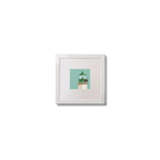 Illustration of Dún Laoghaire West lighthouse on an ocean green background,  in a white square frame measuring 10x10cm.