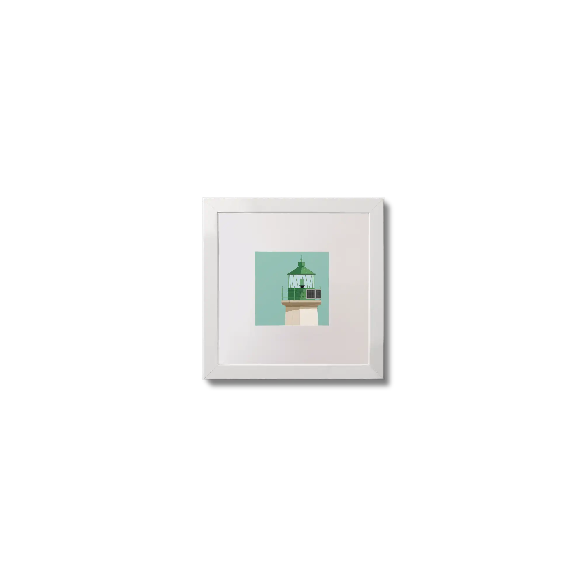 Illustration of Dún Laoghaire West lighthouse on an ocean green background,  in a white square frame measuring 10x10cm.