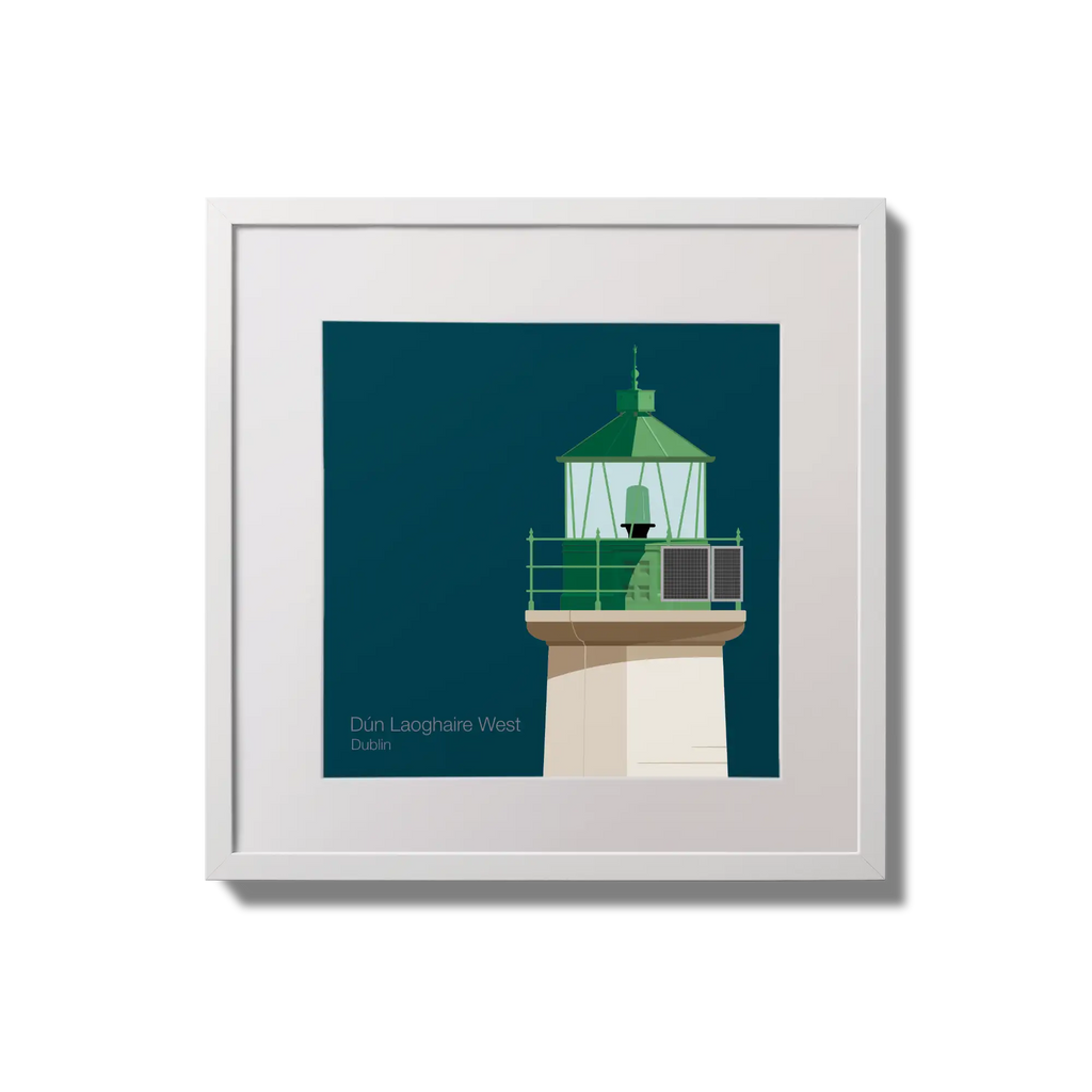 Illustration of Dún Laoghaire West lighthouse on a midnight blue background,  in a white square frame measuring 20x20cm.