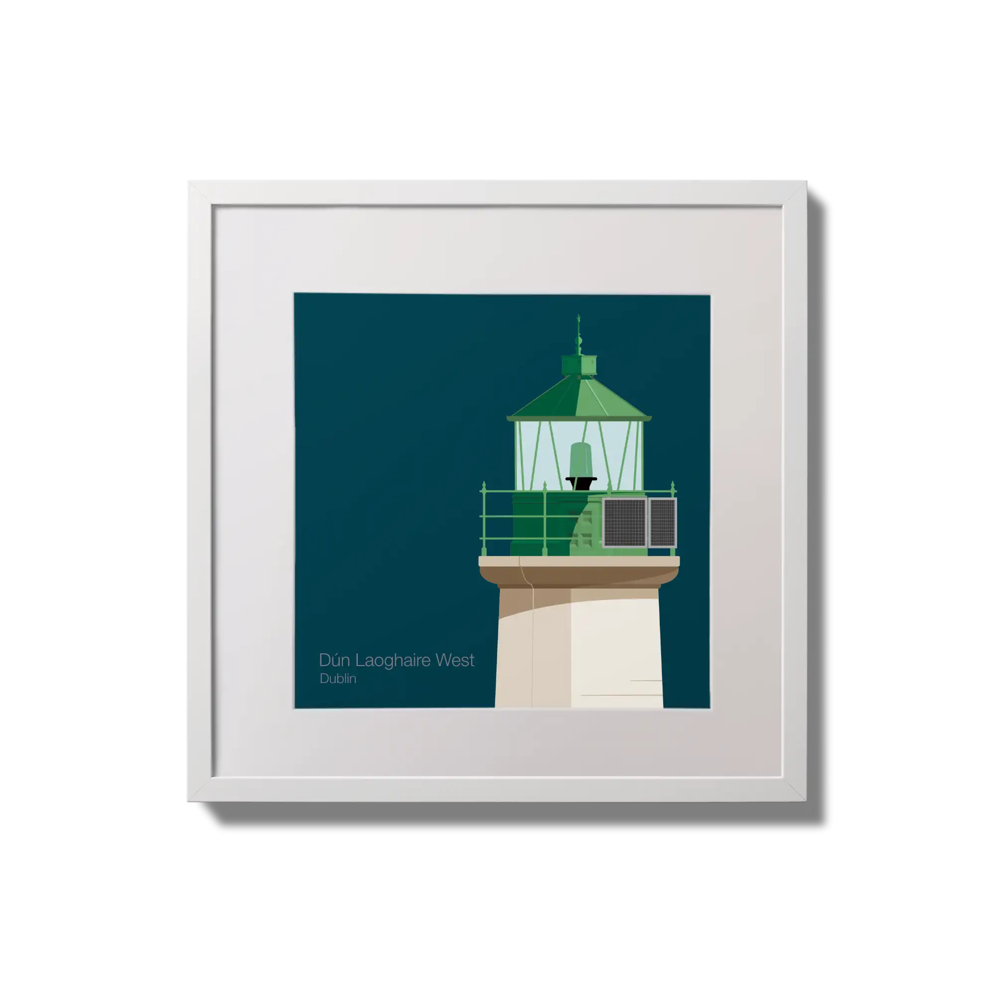 Illustration of Dún Laoghaire West lighthouse on a midnight blue background,  in a white square frame measuring 20x20cm.