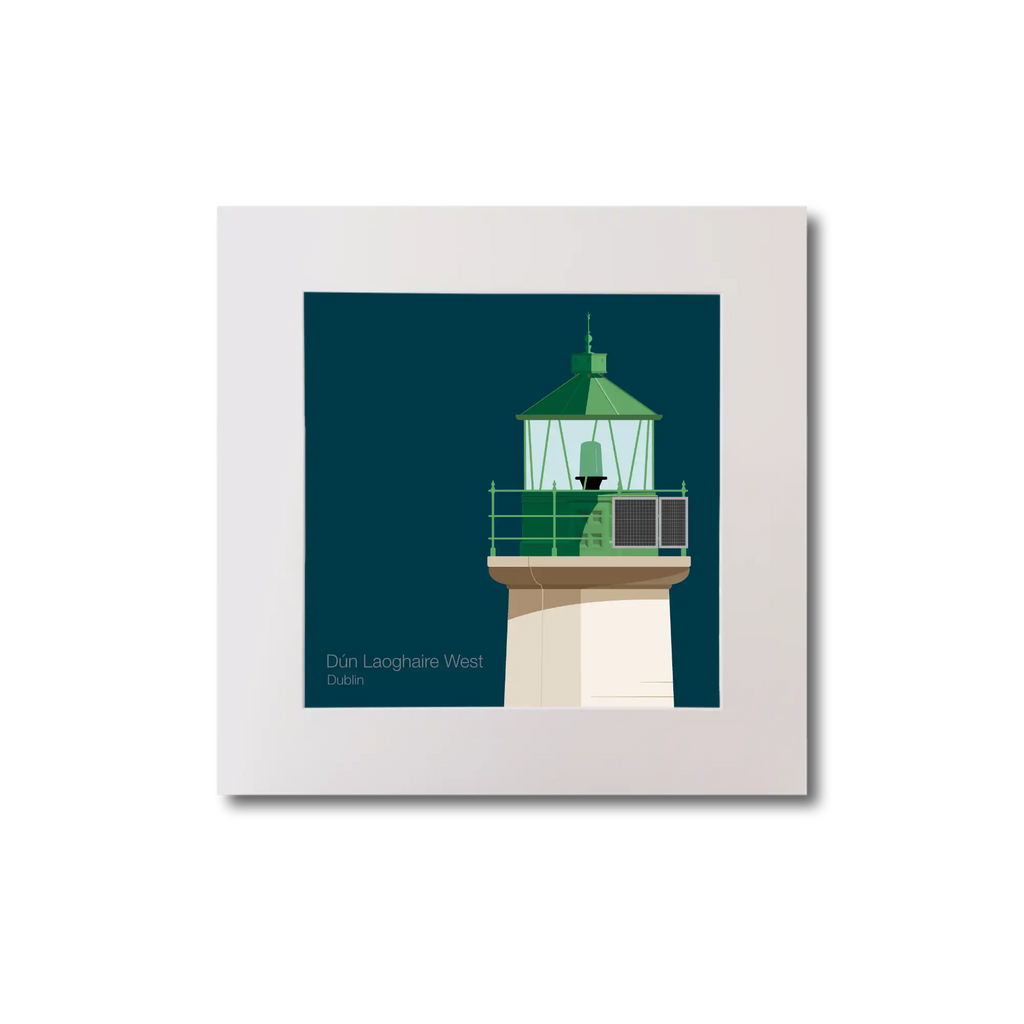 Illustration of Dún Laoghaire West lighthouse on a midnight blue background, mounted and measuring 20x20cm.