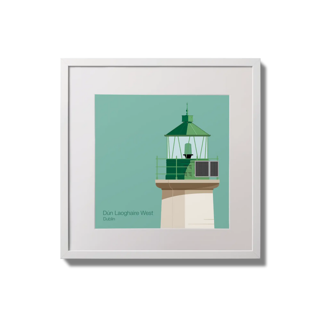 Illustration of Dún Laoghaire West lighthouse on an ocean green background,  in a white square frame measuring 20x20cm.