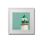 Illustration of Dún Laoghaire West lighthouse on an ocean green background,  in a white square frame measuring 20x20cm.