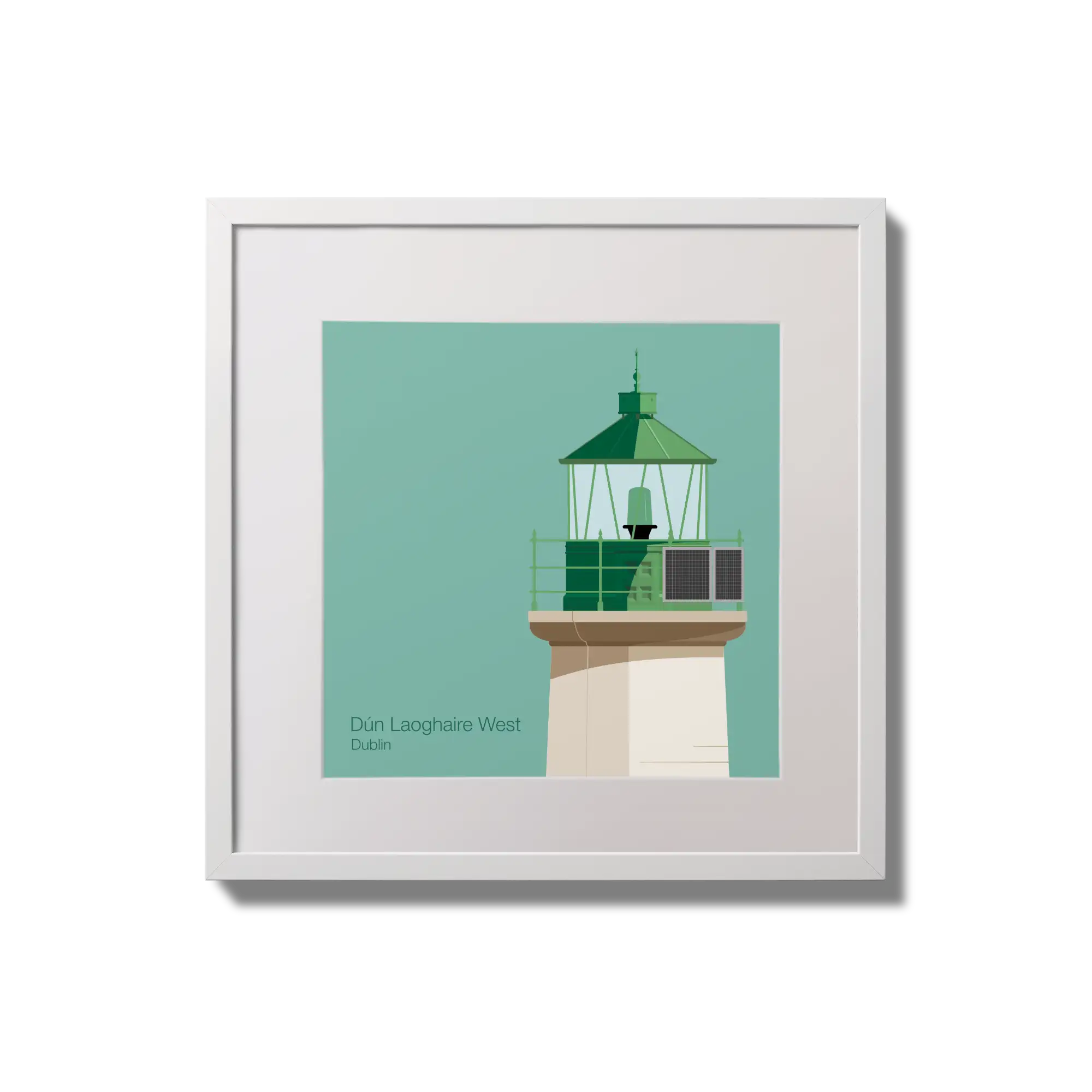 Illustration of Dún Laoghaire West lighthouse on an ocean green background,  in a white square frame measuring 20x20cm.